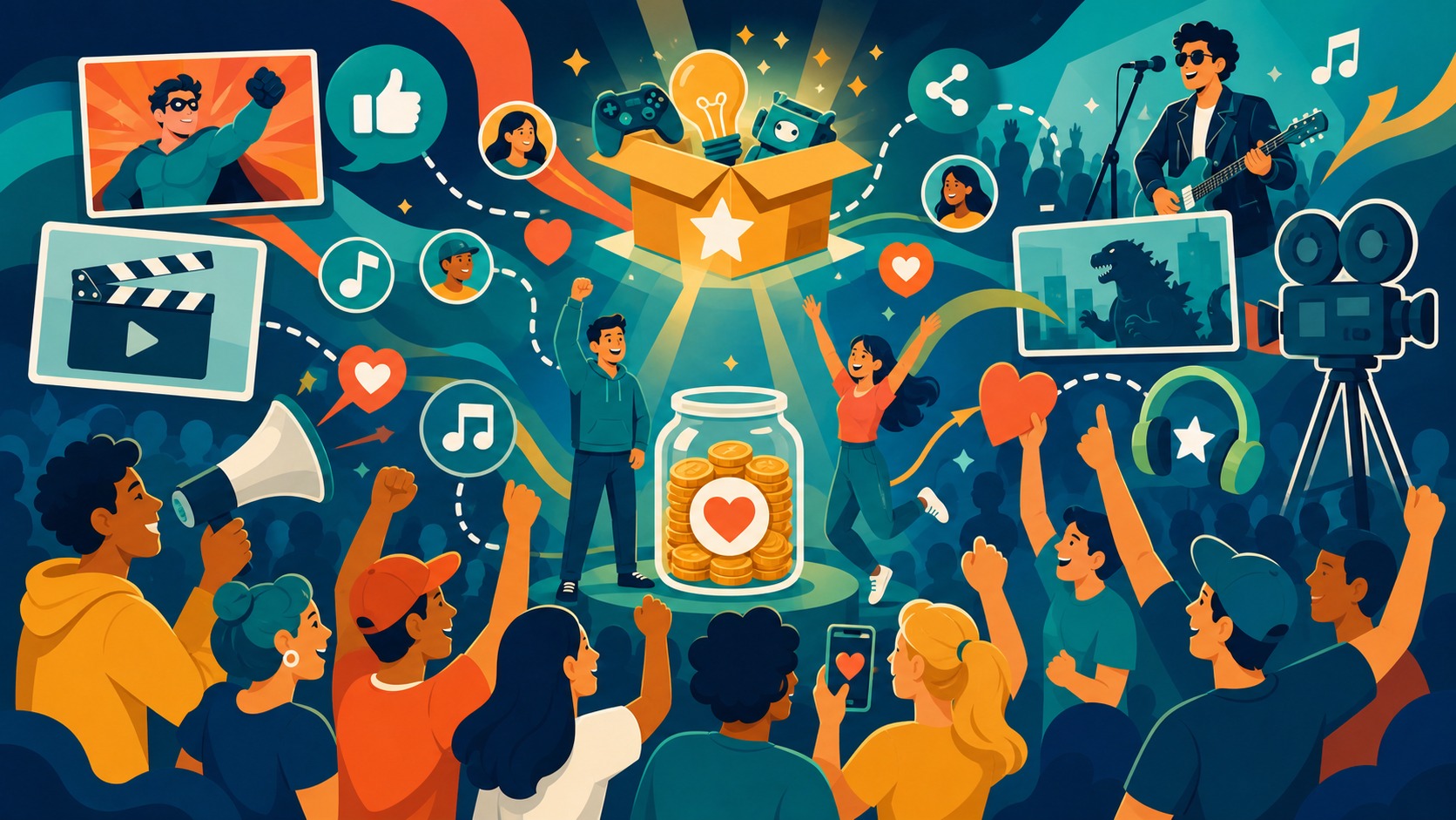 Illustrated Shark Ponds graphic about How Crowdfunding Became a Pop Culture Phenomenon