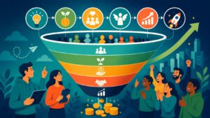 Illustrated Shark Ponds graphic about How Crowdfunding Fits into the Startup Funding Funnel