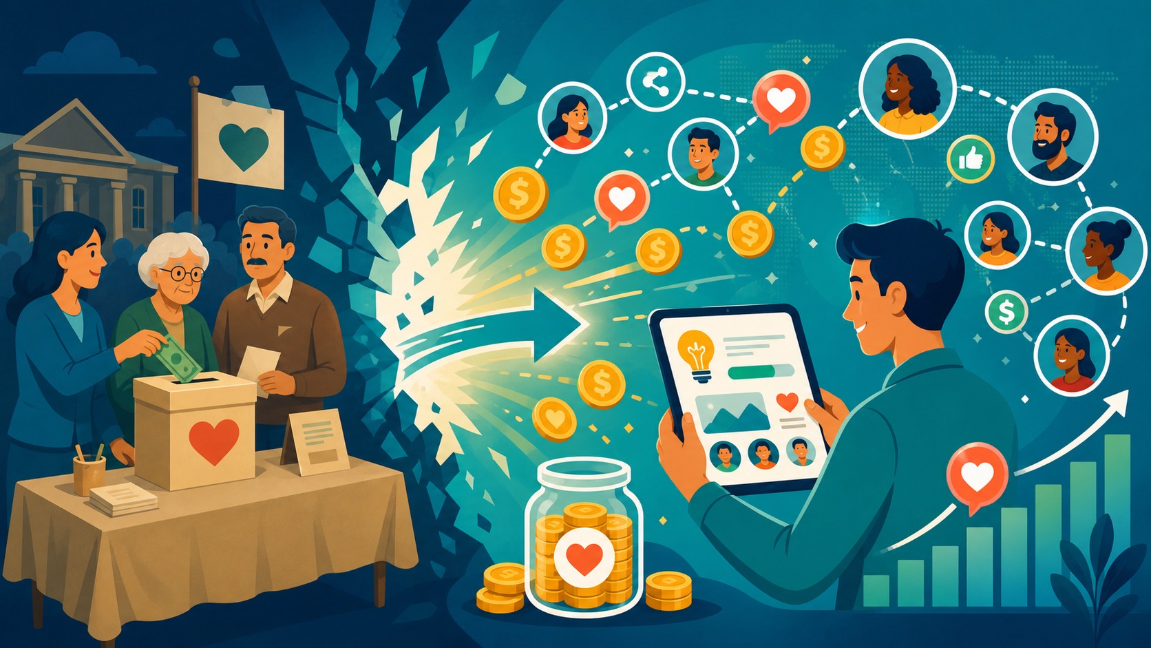 Illustrated Shark Ponds graphic about How Crowdfunding Is Disrupting Traditional Fundraising