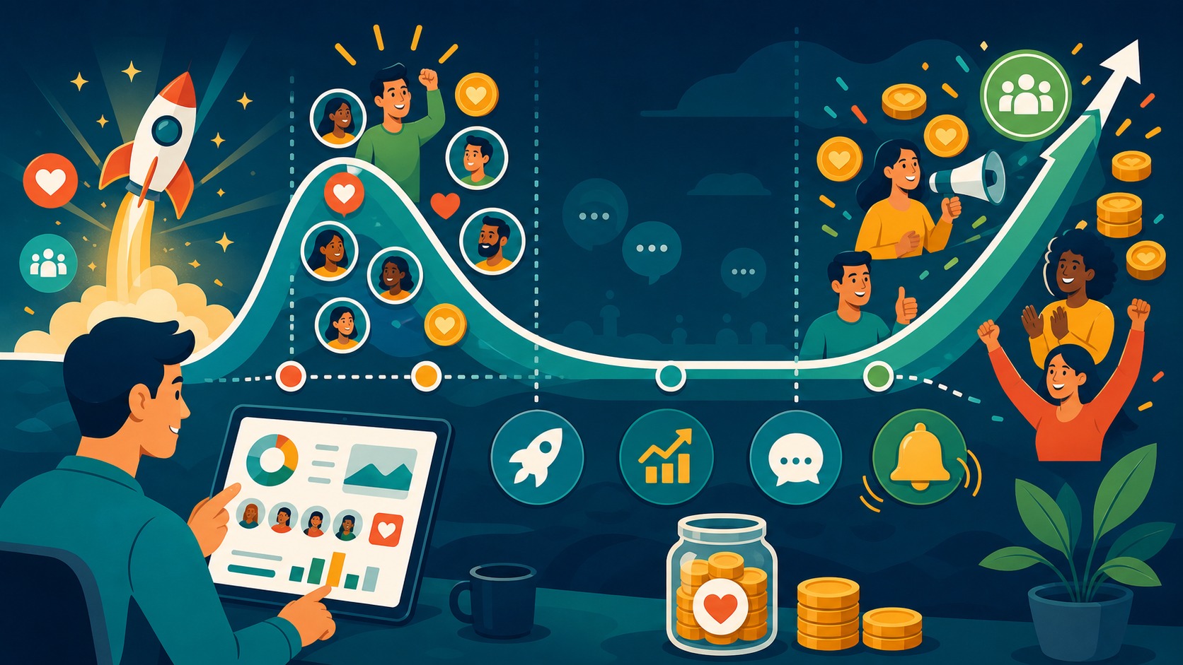 Illustrated Shark Ponds graphic about The Crowdfunding Curve: What Happens After Launch
