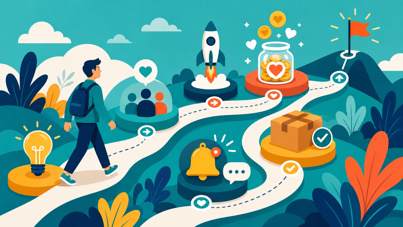 Illustrated Shark Ponds graphic about The Crowdfunding Journey: Step-by-Step Breakdown