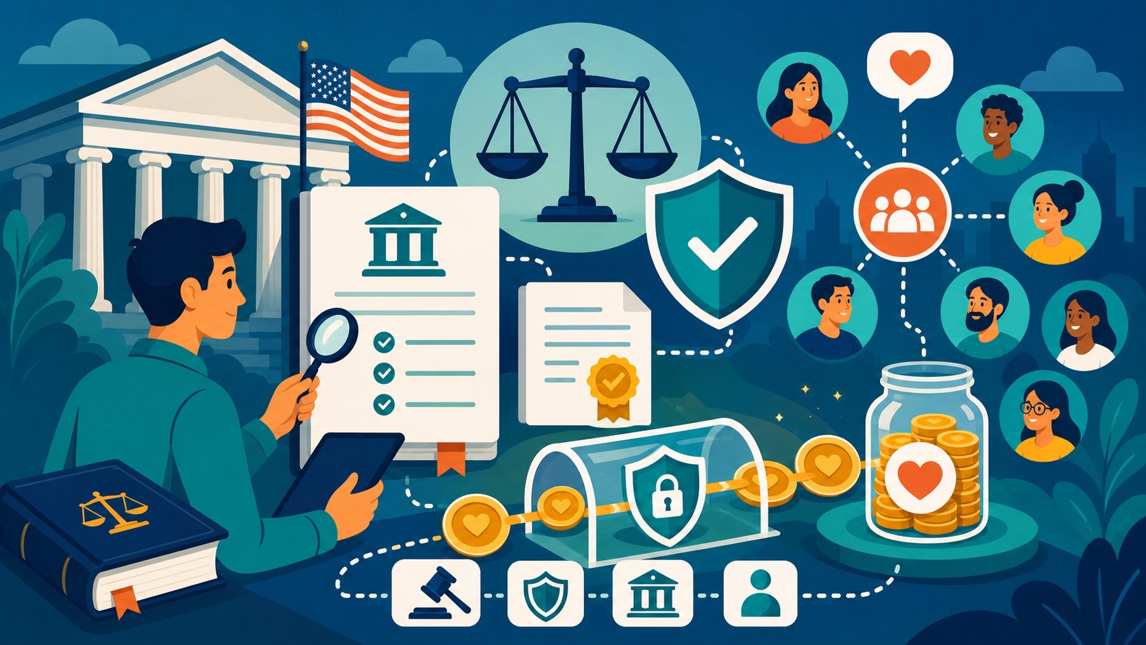 Illustrated Shark Ponds graphic about The Legal Roots of Crowdfunding in the U.S.