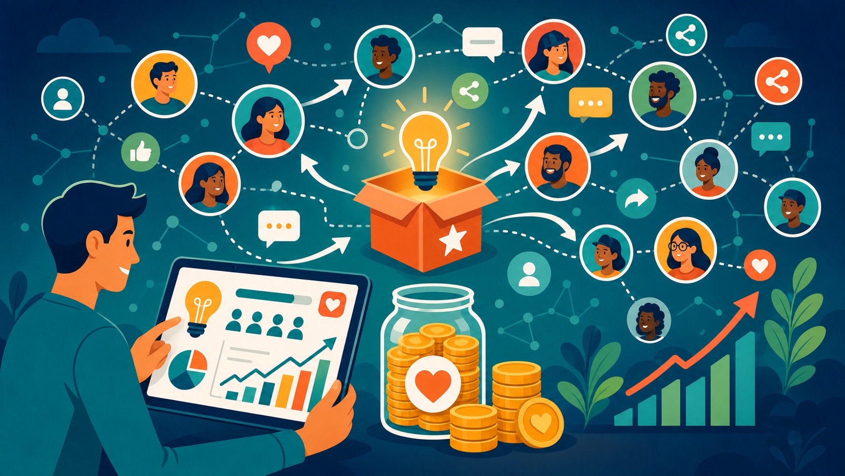 Illustrated Shark Ponds graphic about The Role of Social Media in Crowdfunding Basics