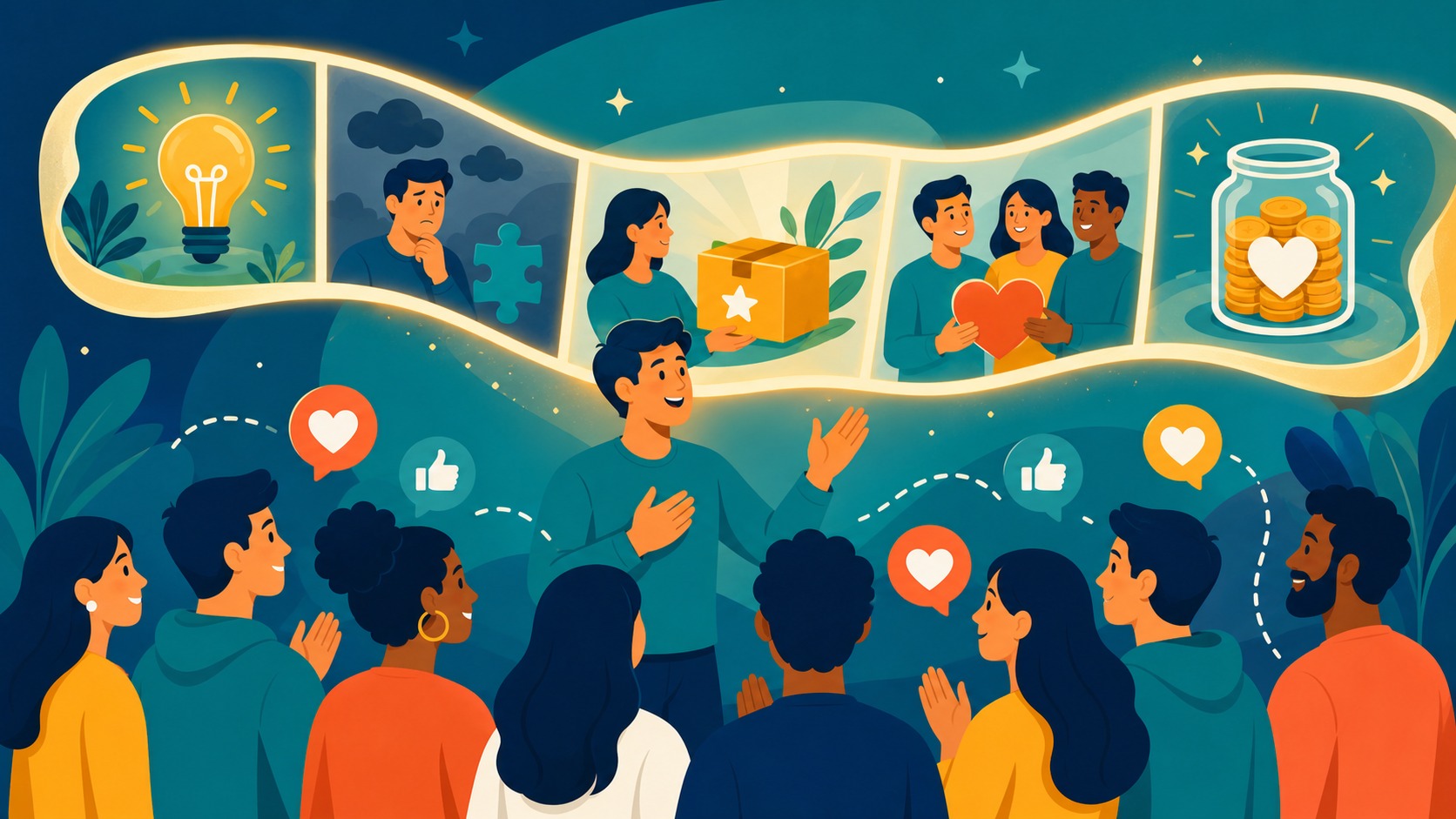 Illustrated Shark Ponds graphic about The Role of Storytelling in Crowdfunding